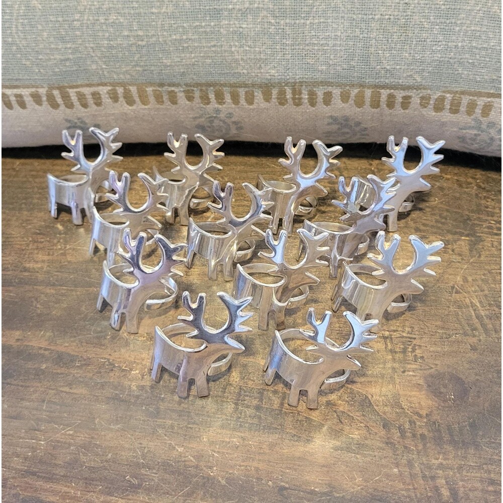 Vintage Silver Plated Reindeer Napkin Rings Modernist Christmas Stag Holders- 12